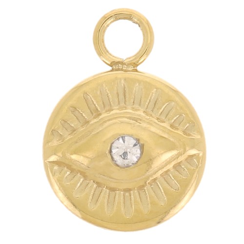 Breloque ronde 8 mm - motif oeil avec oxyde de zirconium - Acier inox 316L Doré x1