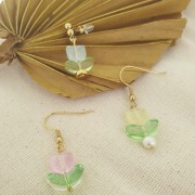 Set de 6 Perles Tulipe en verre - 14 mm - Fleur Bleue - Vert