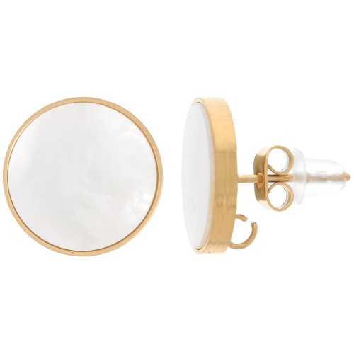 Clous d'oreilles ronds 13 mm avec nacre et anneau ouvert - Acier inox 316L Doré x2