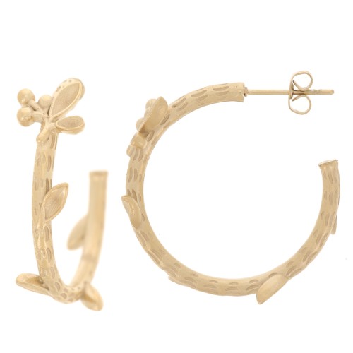 Créoles ouvertes 27 mm avec petites feuilles - Acier Inoxydable 304L Doré x2