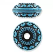 Ronde aplatie décor antique 18,5 mm Turquoise/Noir x1