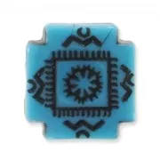 Perles plates décor antique 9 mm Turquoise/Noir x5