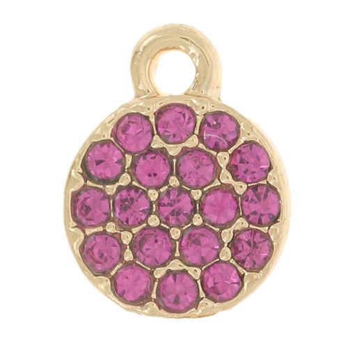 Breloque ronde 7 mm avec strass - Doré - Fuchsia x1