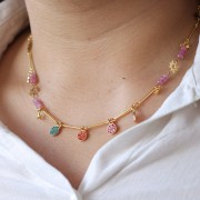 Breloque ronde 7 mm avec strass - Doré - Cognac x1