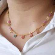 Breloque ronde 7 mm avec strass - Doré - Rose clair x1