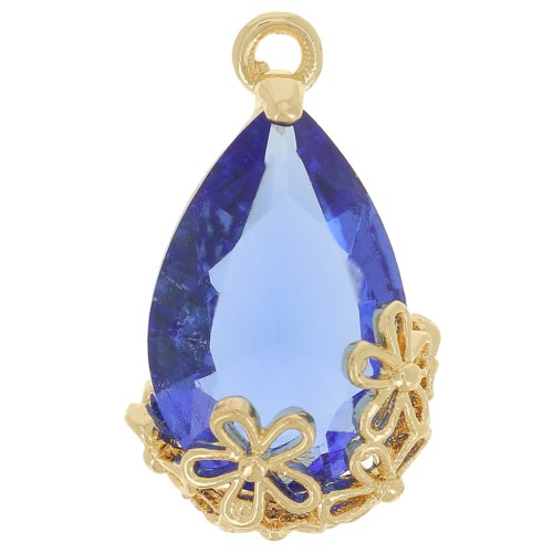 Pendentif goutte en verre facetté avec fleurs 16x9 mm - Doré - Bleu x1