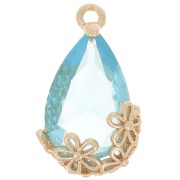 Pendentif goutte en verre facetté avec fleurs 16x9 mm - Doré - Bleu turquoise x1|raw }}