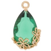 Pendentif goutte en verre facetté avec fleurs 16x9 mm - Doré - Emeraude x1