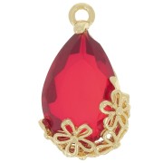 Pendentif goutte en verre facetté avec fleurs 16x9 mm - Doré - Rouge x1