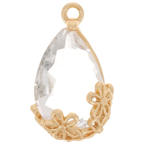 Pendentif goutte en verre facetté avec fleurs 16x9 mm - Doré - Transparent x1