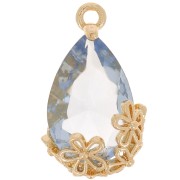 Pendentif goutte en verre facetté avec fleurs 16x9 mm - Doré - Bleu clair x1|raw }}