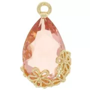 Pendentif goutte en verre facetté avec fleurs 16x9 mm - Doré - Rose Saumon x1