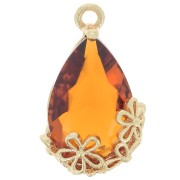 Pendentif goutte en verre facetté avec fleurs 16x9 mm - Doré - Cognac x1