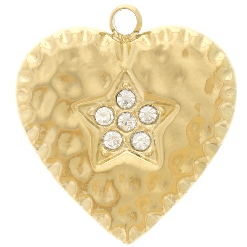 Pendentif coeur martelé 19.5x18mm et oxydes de zirconium - Acier inox 304L Doré x1