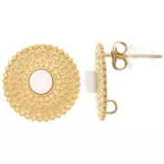 Clous d'oreilles ronds texturés 14 mm - cabochon nacre - Acier inox 304L Doré x2