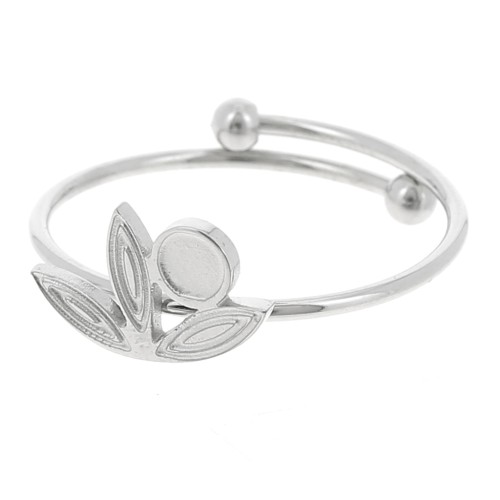 Bague fine réglable T.53 à T.58 motif fleur & cabochon 3 mm - Acier inox 316L x1