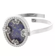 Bague ovale réglable - motif ginkgo - cabochon plat 10x8 mm - Acier inox 316L