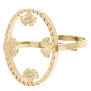 Bague ovale réglable - motif ginkgo - cabochon plat 18x13 mm Acier inox 316L Doré