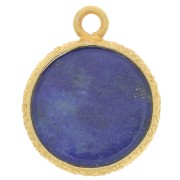 Breloque ronde plate 10mm pierre gemme & serti texturé - Doré Or fin Lapis Lazuli