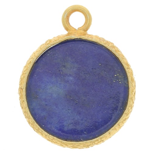 Breloque ronde plate 10mm pierre gemme & serti texturé - Doré Or fin Lapis Lazuli