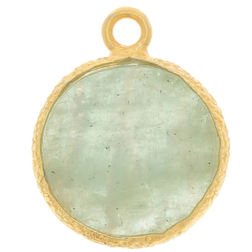 Breloque ronde plate 10 mm pierre gemme & serti texturé - Doré Or fin - Amazonite