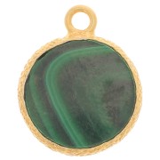 Breloque ronde plate 10 mm -pierre gemme & serti texturé - Doré Or fin - Malachite