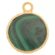 Breloque ronde plate 10 mm -pierre gemme & serti texturé - Doré Or fin - Malachite