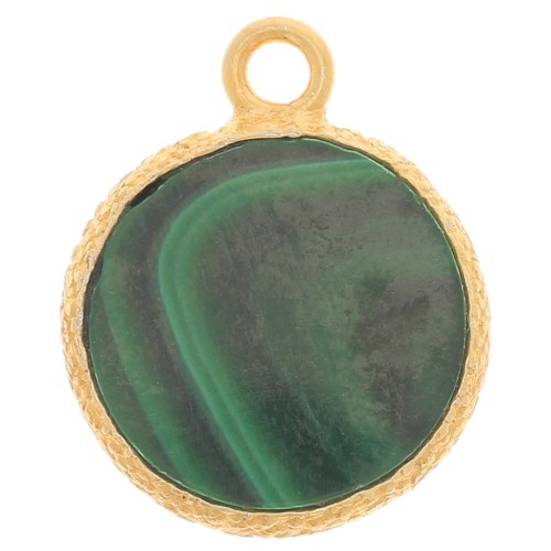 Breloque ronde plate 10 mm -pierre gemme & serti texturé - Doré Or fin - Malachite