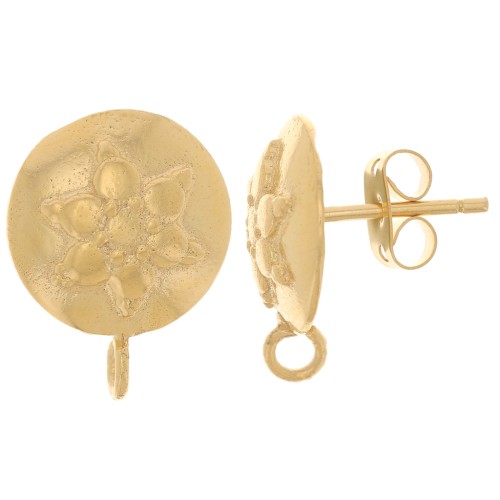 Clous d'oreilles rond motif fleur - anneau ouvert - 13 mm - Doré à l'or fin x2