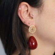 Clous d'oreilles feuille ajourée avec anneau ouvert  23x17 mm - Doré à l'or fin x2