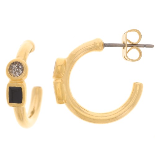 Créoles ouvertes 17 mm avec résine époxy - Doré à l'or fin - Noir x2