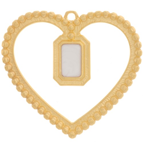 Pendentif coeur évidé 35x38 mm octogone en résine - Doré à l'or fin - Blanc nacré