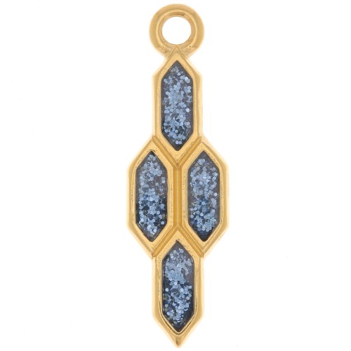 Pendentif géométrique 24x7 mm avec résine époxy - Doré à l'or fin - Bleu pailleté