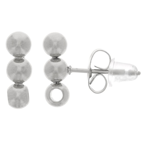 Clous d'oreilles barres 3 boules 12x4 mm avec un trou - Acier inox 304L x2