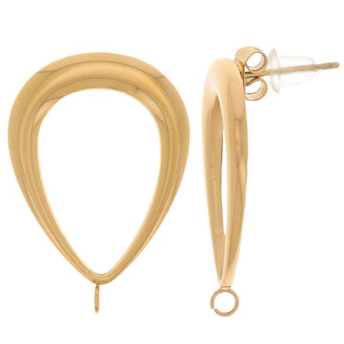 Clous d'oreilles goutte évidé 26x18mm avec anneau ouvert - Acier inox 304L Doré x2