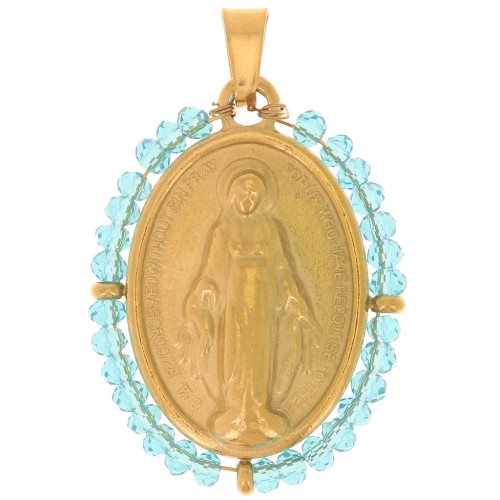 Pendentif ovale religieux 28x21 mm avec perles - Acier inox 304L Doré - Turquoise