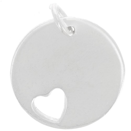 Breloque ronde médaille à graver 14 mm avec coeur évidé - Argent 925 x1
