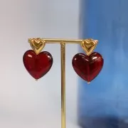 Clous d'oreilles coeurs bombés 14x14 mm - anneau ouvert - Acier inox 304L Doré x2