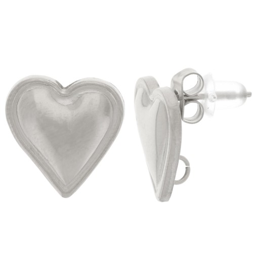 Clous d'oreilles coeurs bombés 14x14 mm - anneau ouvert - Acier inox 304L x2
