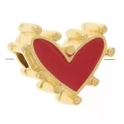 Perle coeur 12.5x10 mm avec résine époxy - Doré à l'or fin - Rouge x1