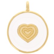 Pendentif rond motif coeur 21 mm - Résine époxy - Doré à l'or fin - Blanc x1