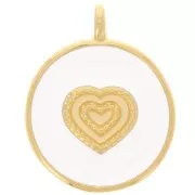 Pendentif rond motif coeur 21 mm - Résine époxy - Doré à l'or fin - Blanc x1