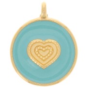Pendentif rond motif coeur 21 mm - Résine époxy - Doré à l'or fin - Turquoise x1|raw }}