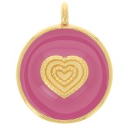 Pendentif rond motif coeur 21 mm - Résine époxy - Doré à l'or fin - Rose Foncé x1|raw }}