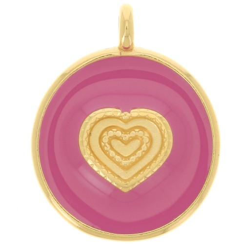 Pendentif rond motif coeur 21 mm - Résine époxy - Doré à l'or fin - Rose Foncé x1