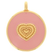 Pendentif rond motif coeur 21 mm - Résine époxy - Doré à l'or fin - Rose clair x1
