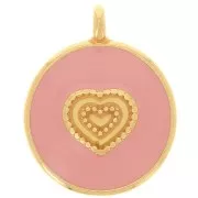 Pendentif rond motif coeur 21 mm - Résine époxy - Doré à l'or fin - Rose clair x1