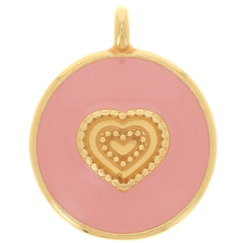 Pendentif rond motif coeur 21 mm - Résine époxy - Doré à l'or fin - Rose clair x1