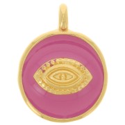 Pendentif rond motif oeil 18 mm - Résine époxy - Doré à l'or fin - Rose foncé x1|raw }}