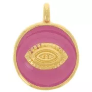 Pendentif rond motif oeil 18 mm - Résine époxy - Doré à l'or fin - Rose foncé x1